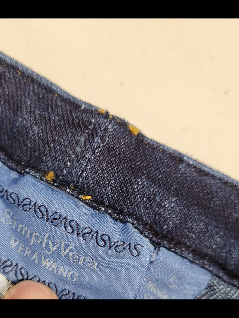 Simply Vera Vera Wang navy denim pants with gold stitch accents - Picture 2 of 4